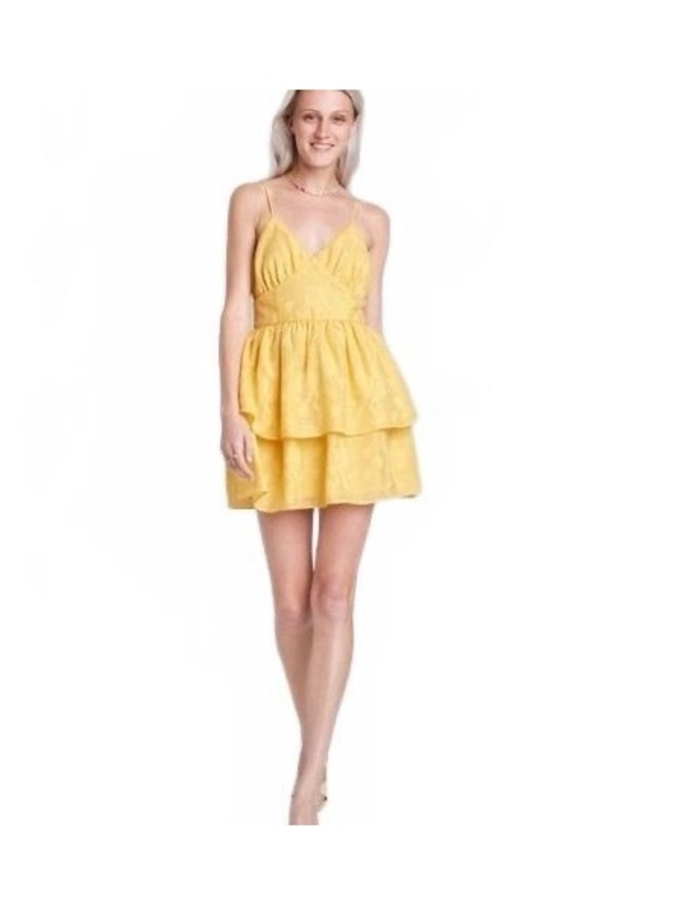 Wild Fable Yellow Floral Jacquard Tiered Mini Sundress Small - Picture 2 of 9